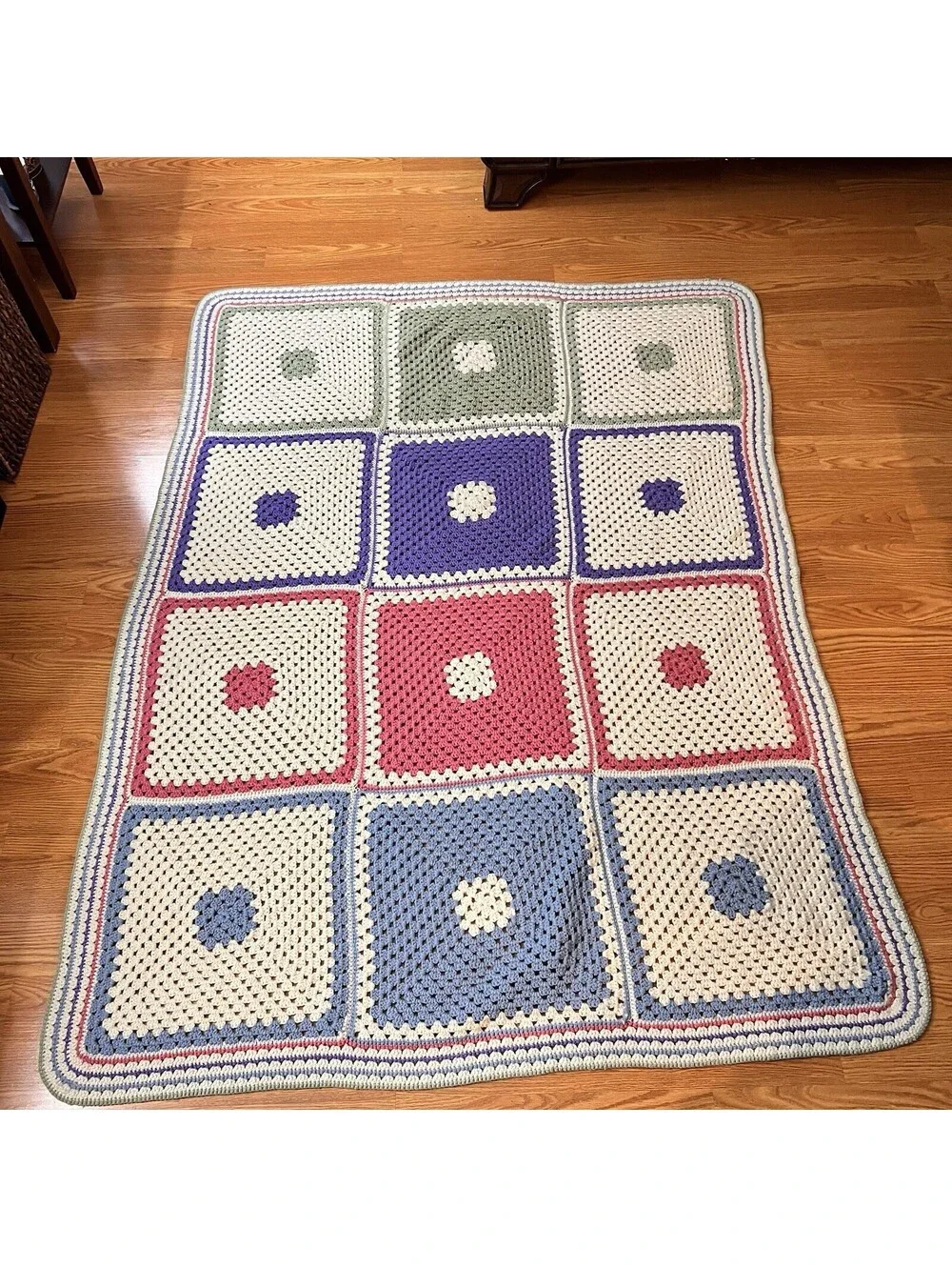 Hand Crochet Granny Squares Afghan Multicolor Boho / Baby Throw 68 X 51 in.